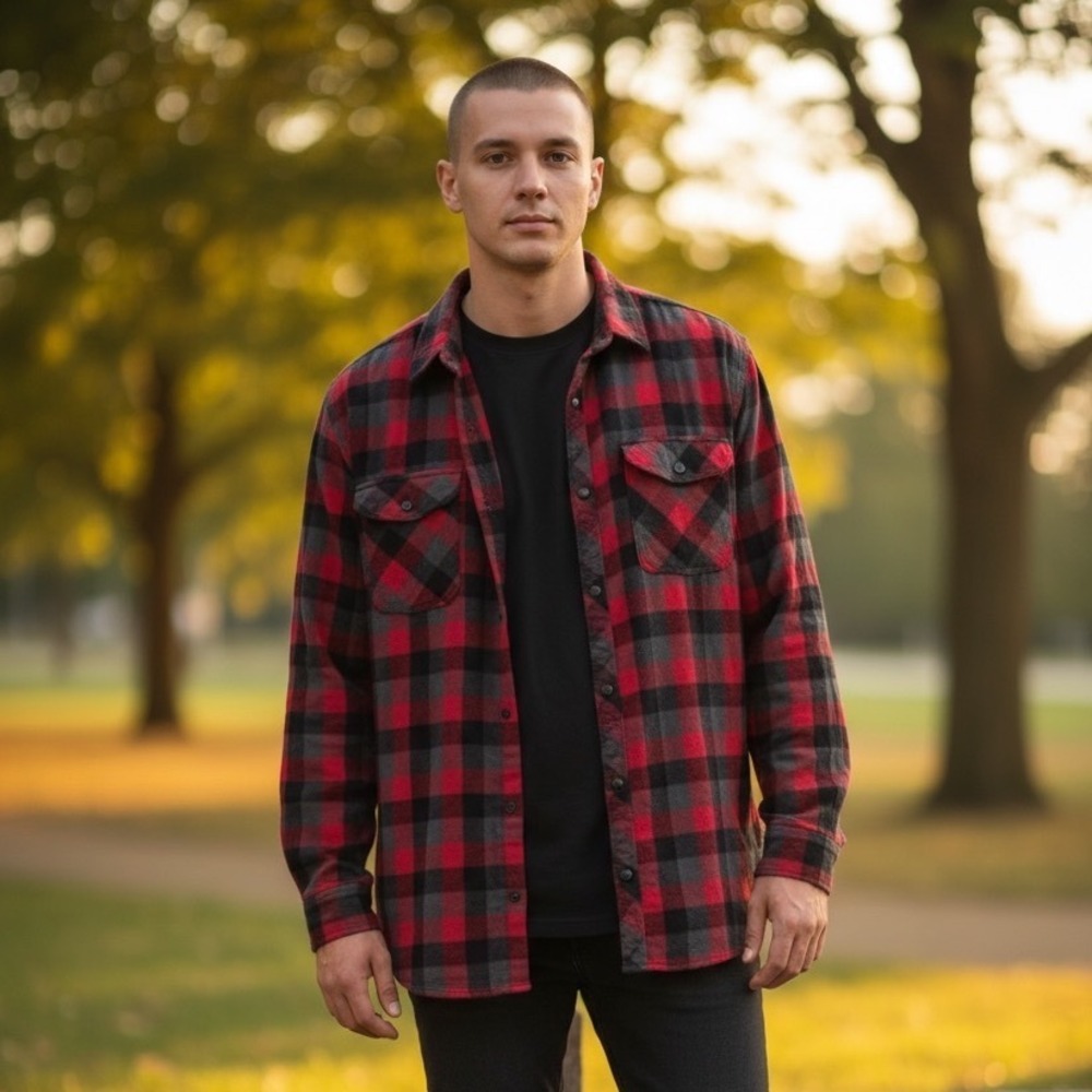 Machine Mens Red Grey‎ Buffalo Plaid Work Flannel Shirt M Button Down Rugged